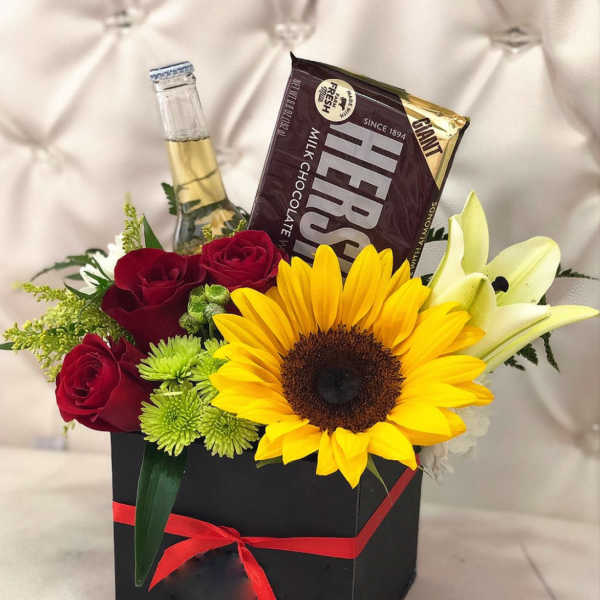 Black Gift Box with Chocolate and Beer.