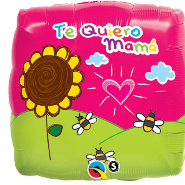 Pink foil balloon with "Te Quiero Mamá" text and a sunflower illustration