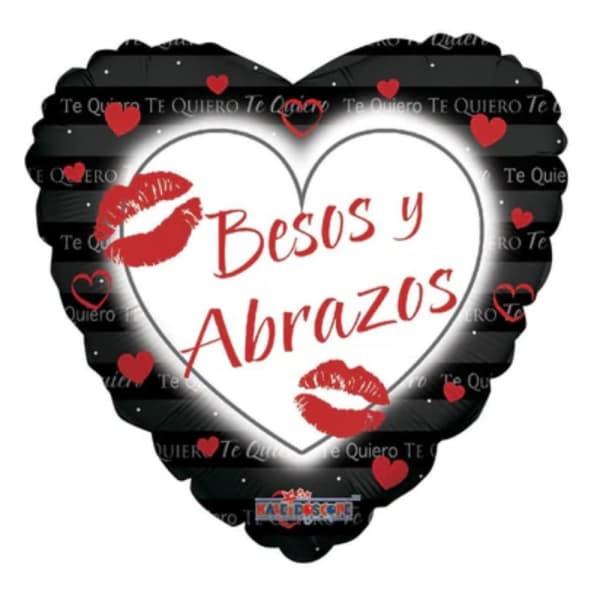Heart-shaped black balloon with red hearts and "Besos y Abrazos" text