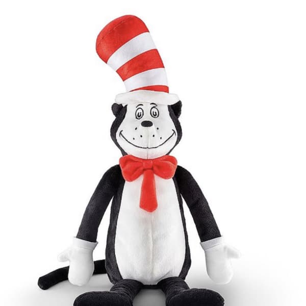 Plush Cat in the Hat character with a red-and-white striped hat and bow tie