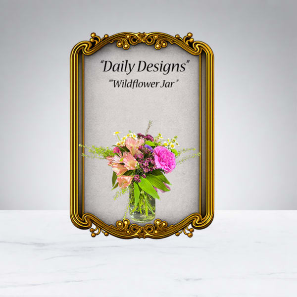 Mixed pink and peach flowers in a clear glass jar