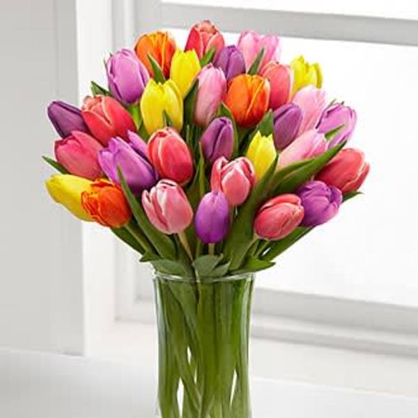 Colorful tulips arranged in a clear glass vase