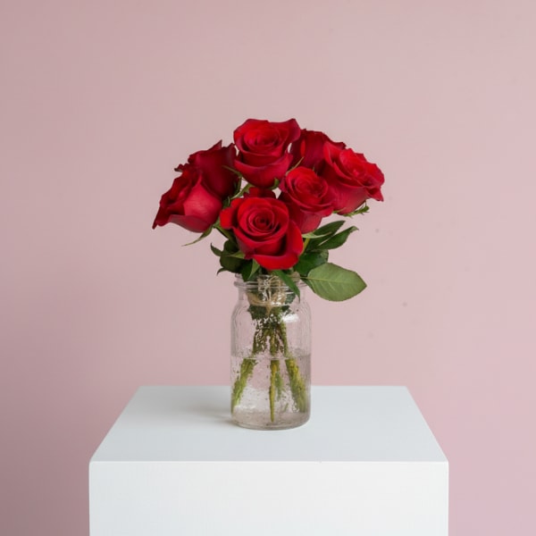 Red roses in a clear glass jar vase on a white pedestal
