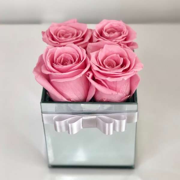 Four pink roses in a square glass box with a white ribbon
