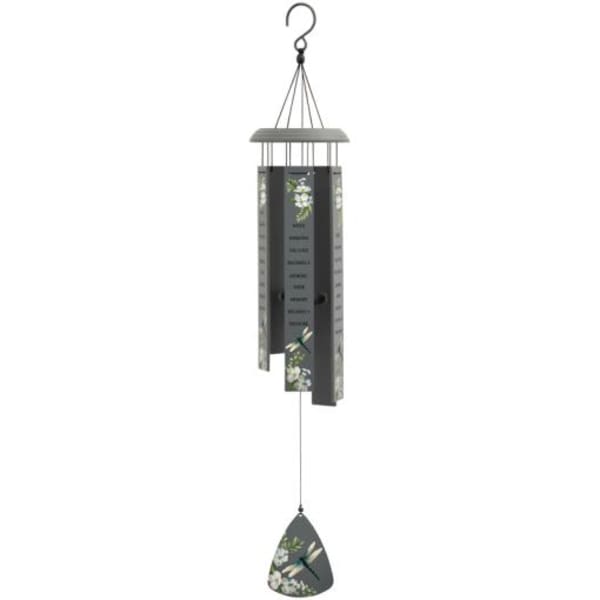 Hanging metal wind chime with floral-painted panels and a clapper