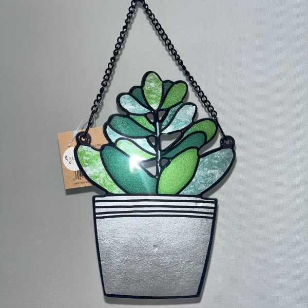 Hanging succulent wall ornament in a striped pot