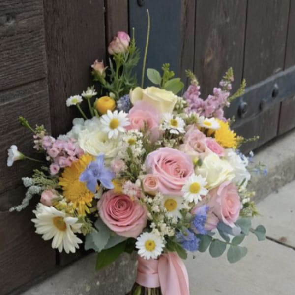 Hand-tied bouquet of pink and white flowers with a long pink ribbon.