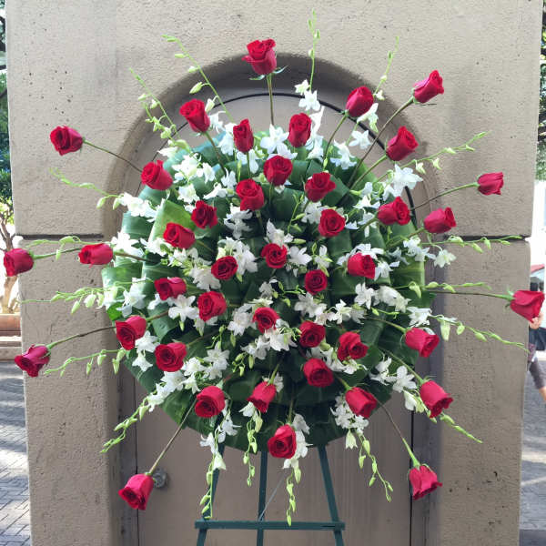 Sunburst red roses and sprays of white orchids wreath - F200W07