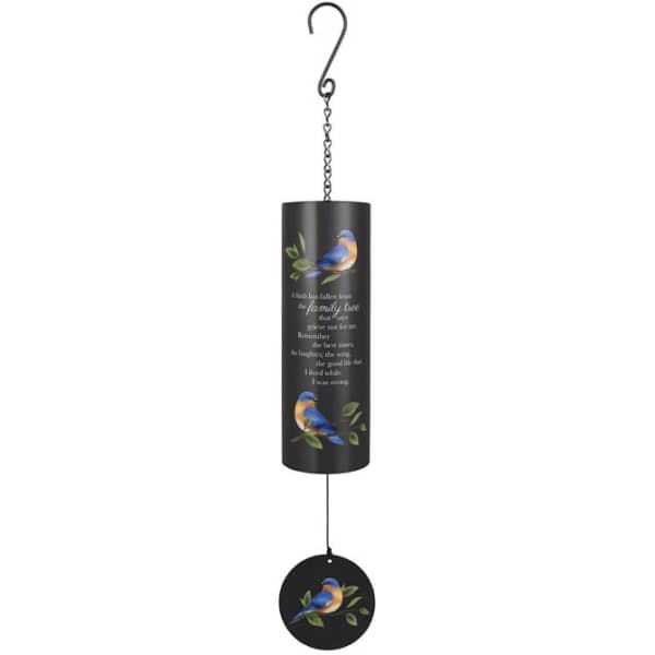 Black hanging wind chime with bird and leaf designs