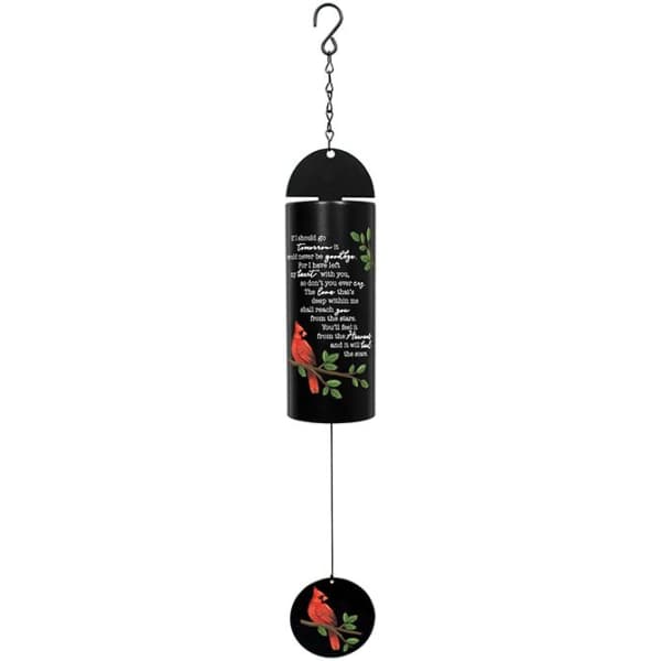 Black hanging wind chime with a red cardinal and printed text