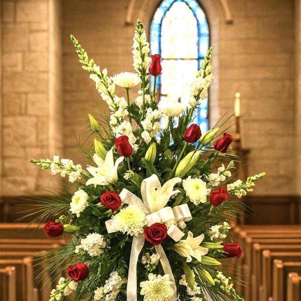 Standing funeral spray with red roses and white lilies on an easel