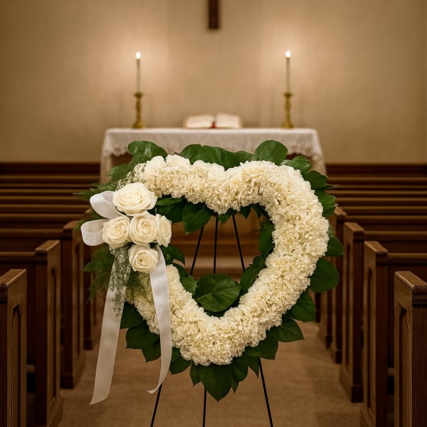 Heart-shaped white floral funeral wreath on an easel in a church aisle