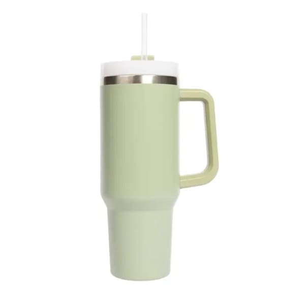 Light green insulated tumbler with a handle and straw lid