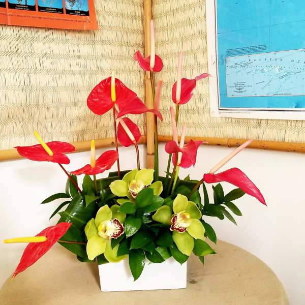 Red anthuriums and green orchids in a white rectangular vase