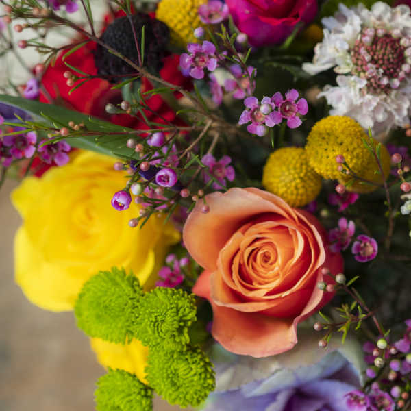Colorful bouquet with roses and small purple flowers