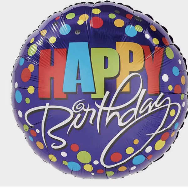Round purple birthday balloon with colorful polka dots and large "Happy Birthday" text