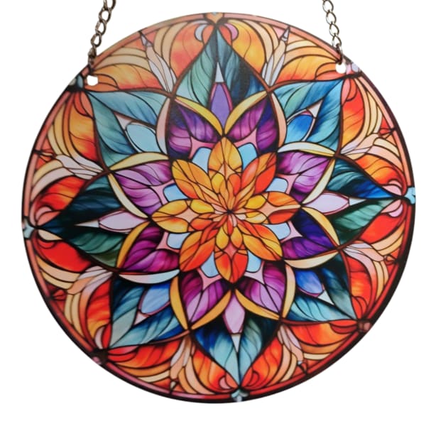 Round stained-glass-style hanging panel with a colorful floral mandala design