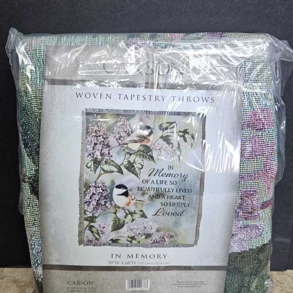 Packaged memorial tapestry throw with birds and flowers