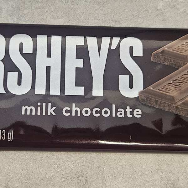 Hershey's milk chocolate bar in a silver wrapper
