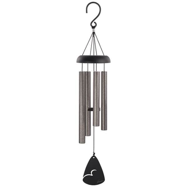 Black metal wind chime with silver tubes and a hanging clapper.