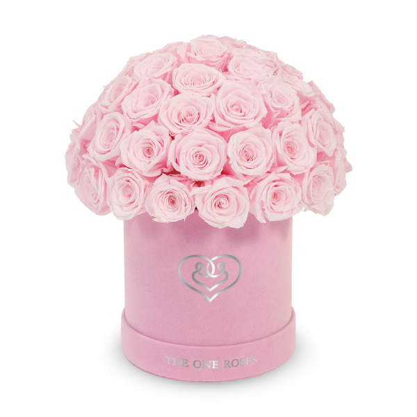 Pink roses arranged in a round pink hat box