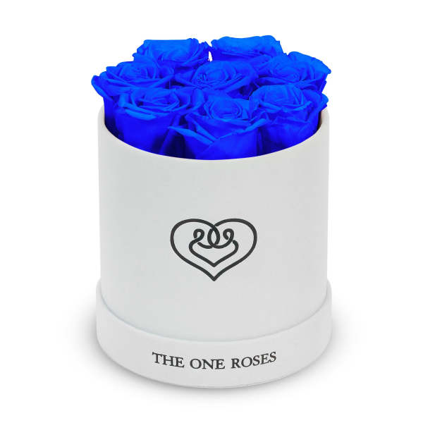 Blue roses arranged in a white round box