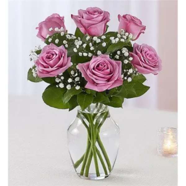6 Lavender Roses Vased