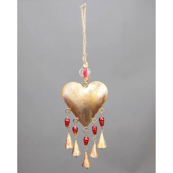 Heart-shaped hanging ornament with red beads and gold cones