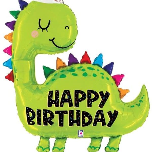 Green dinosaur birthday balloon with a party hat and "Happy Birthday" text