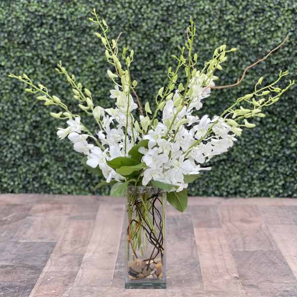 White orchid arrangement in a tall glass vase with pebbles