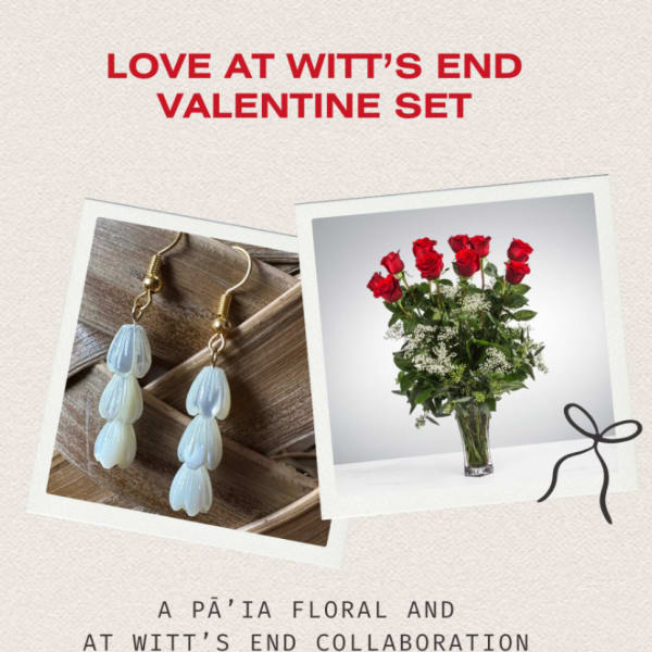Valentine gift set with red rose bouquet in a glass vase and dangling teardrop bead earrings on a neutral background.