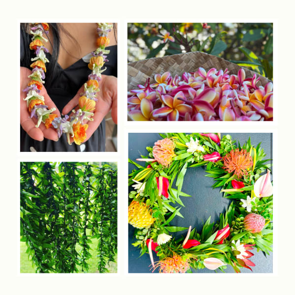 Collage of tropical floral lei, plumeria blossoms in a basket, hanging greenery, and a protea wreath.