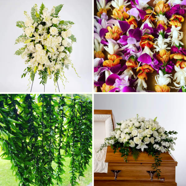 Collage of white sympathy sprays, a white casket spray, green garlands, and colorful orchid blooms