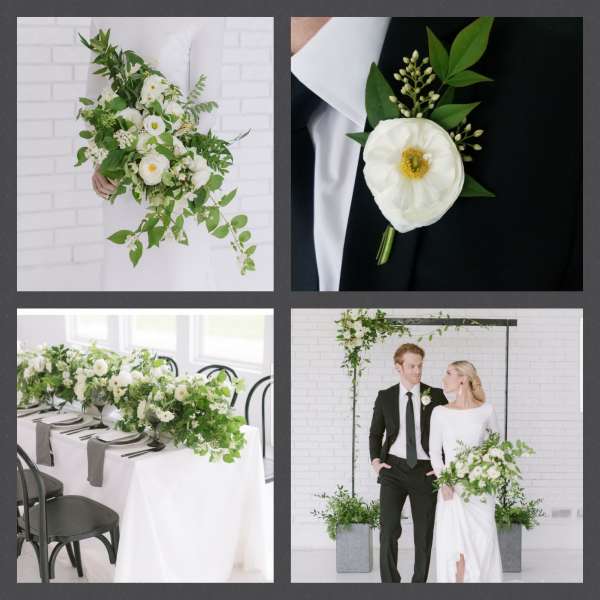 White floral wedding bouquet with greenery and a matching boutonniere