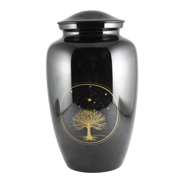 Black memorial urn with a gold tree design
