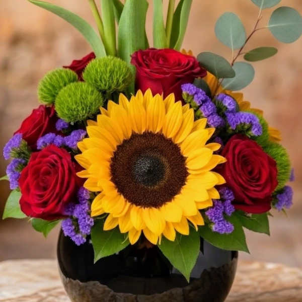 Sunflower, Roses & Tulips Arrangement – Same Day Delivery San Antonio