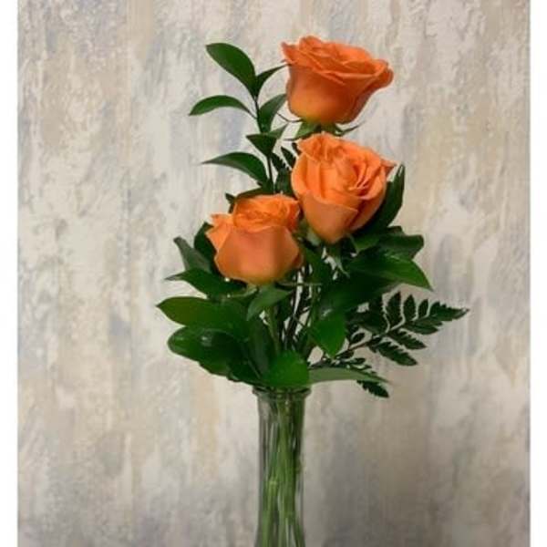 Three orange roses in a clear glass vase