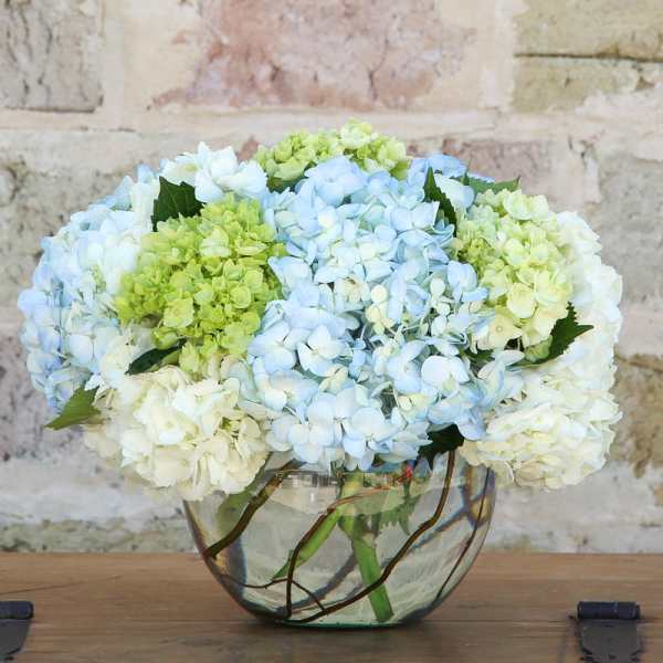 Blue and white hydrangea arrangement in a clear glass bowl vase