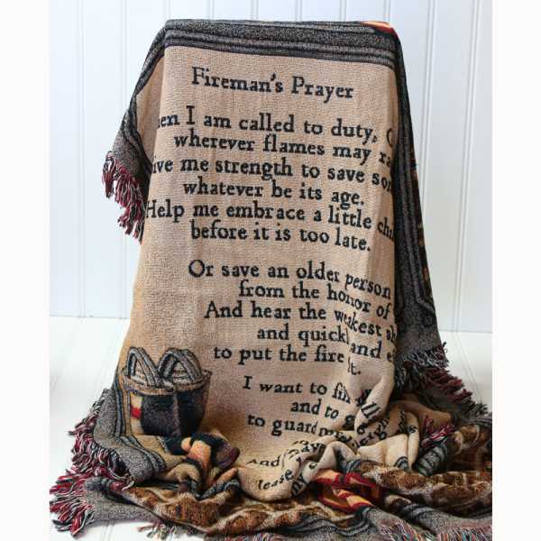 Textured blanket with a Fireman's Prayer printed on it