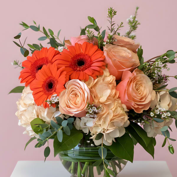 Round glass vase of orange gerbera daisies, peach roses, and cream hydrangeas on a pink background