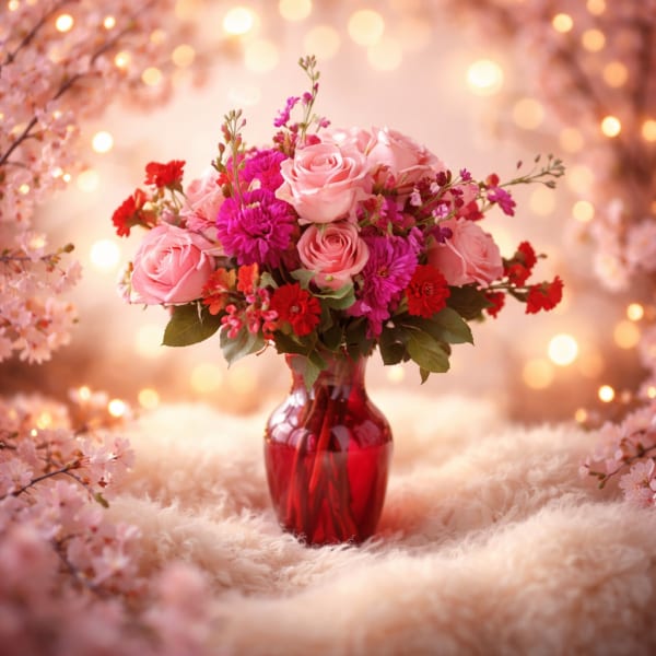 Blush & Crimson Romance – Pink Roses in Red Vase