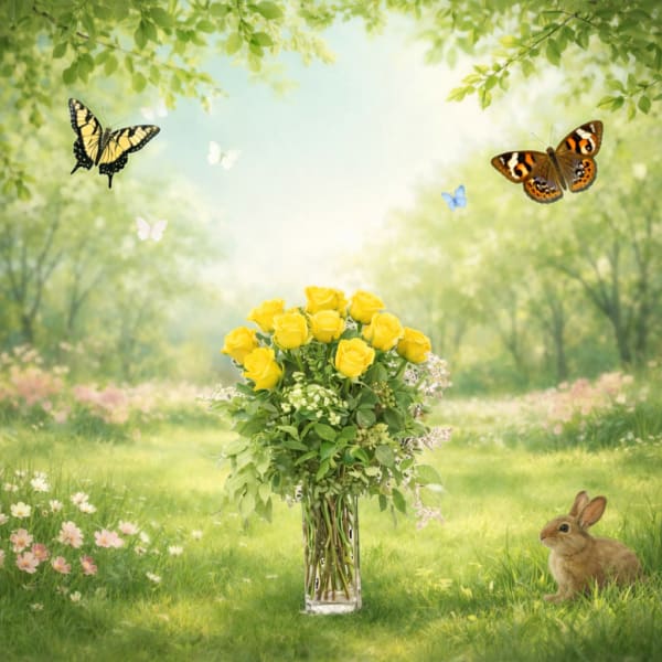 Yellow roses in a clear glass vase with butterflies and a rabbit in a meadow scene