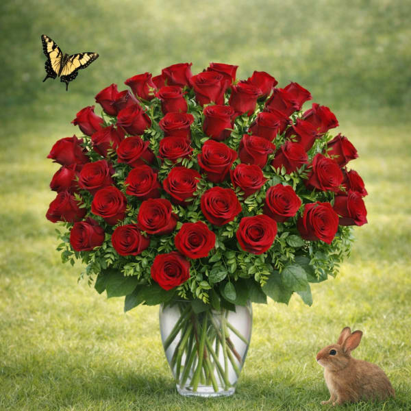 Bouquet of red roses in a clear glass vase with a butterfly and rabbit nearby