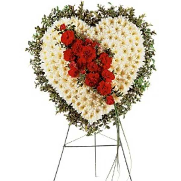 Heart-shaped floral standing spray with red and white flowers