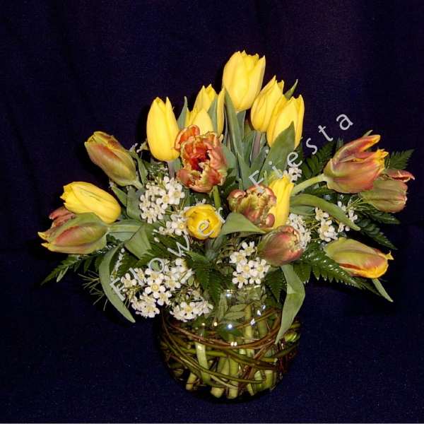 Local tulip mix in willow bowl with fringe or double tulips included