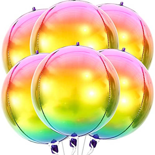 Five iridescent rainbow balloons with purple ties