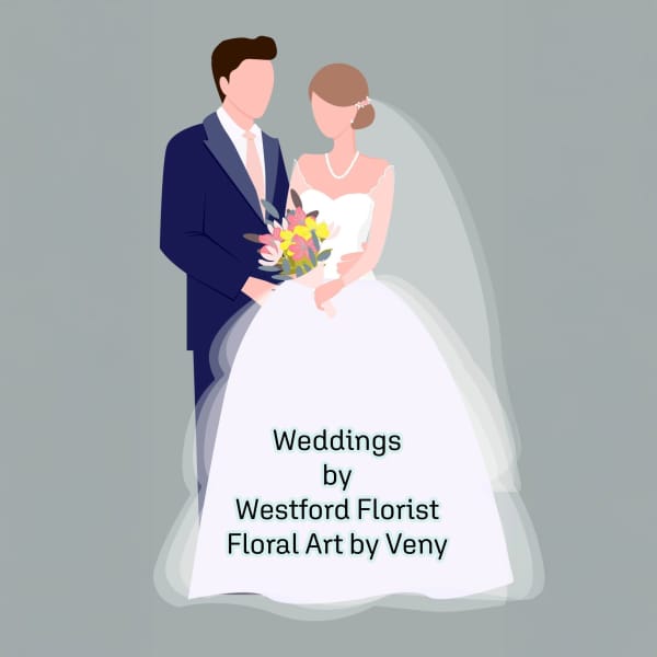 Illustration of a bride and groom holding a bouquet with wedding text