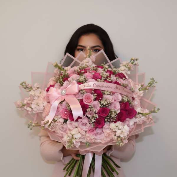 Woman holding a large pink bouquet of roses with a ribbon bow