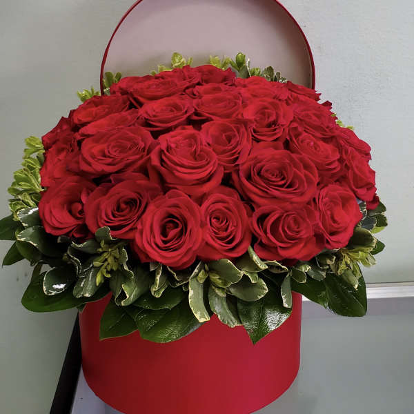 Red roses arranged in a round red box with green foliage