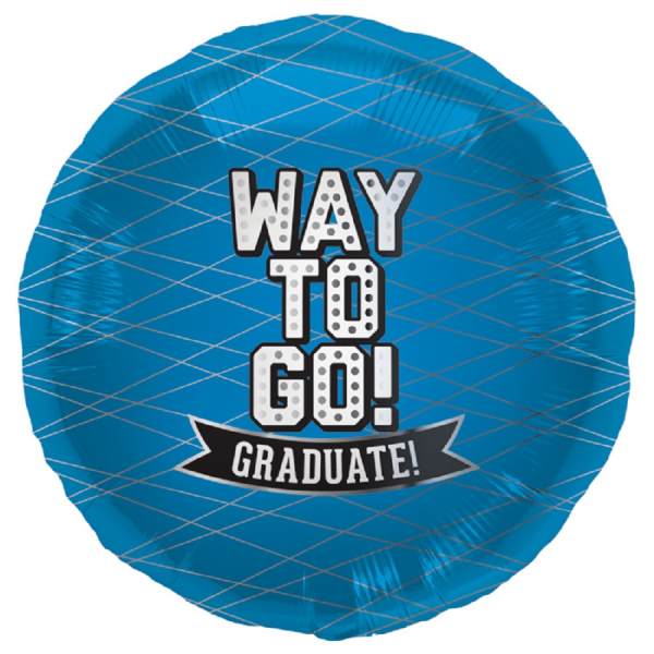 Blue graduation balloon with "WAY TO GO!" text